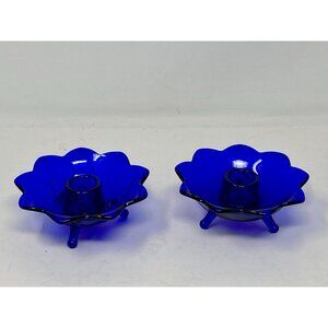 Set Of 2 Vintage Fenton Cobalt Blue Footed Candle Holders Lotus Flower Shape